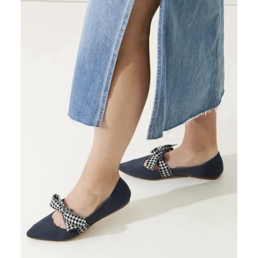Women’s Navy Pointed Flats with Gingham Bow